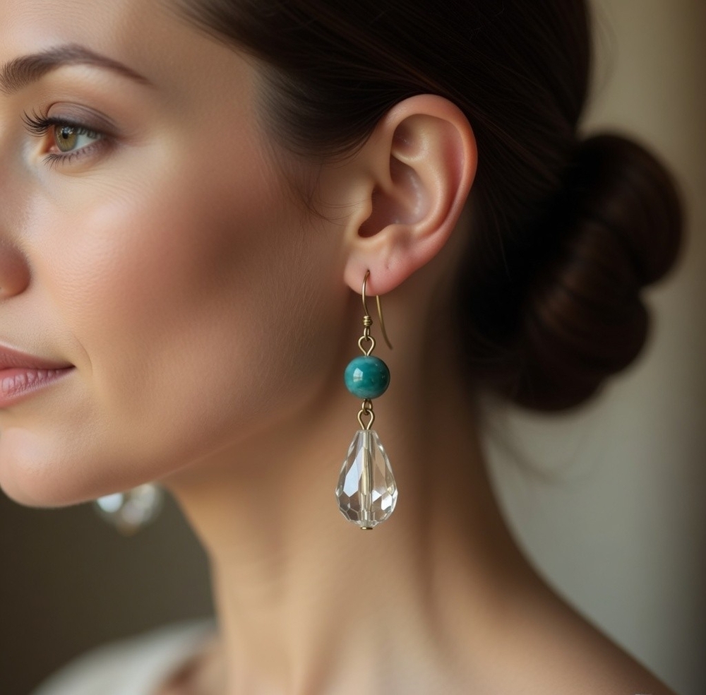 Handmade Teal Blue Crystal Teardrop Dangle Earrings Gold Tone Hooks New